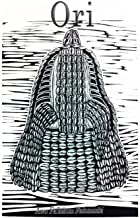 The book cover Ori. It is a white cover with a black drawn image of a bell shape basket covered in coweri shells
