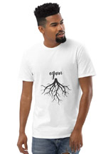 Image of a white t-shirt with an image of a treee root in black with the word Ogun above it, the image is centered.