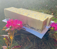 Two blocks of tan Spiritual Soaps sitting side by side on a white plate on the ground next two pink flowers.
